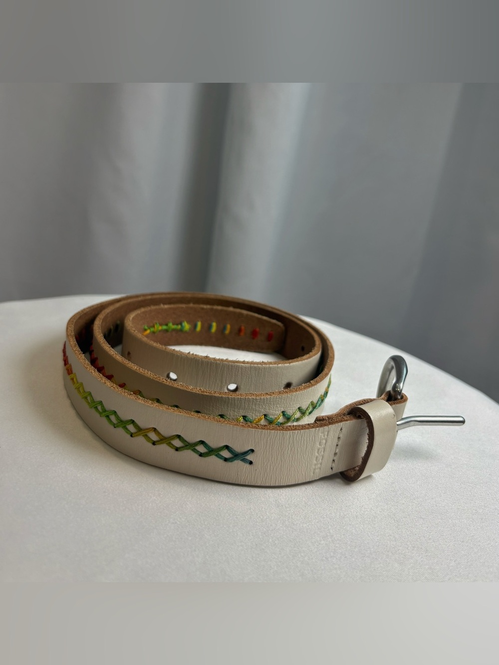 Fossil Cream Leather Rainbow Cross-Stitch Belt - Size S